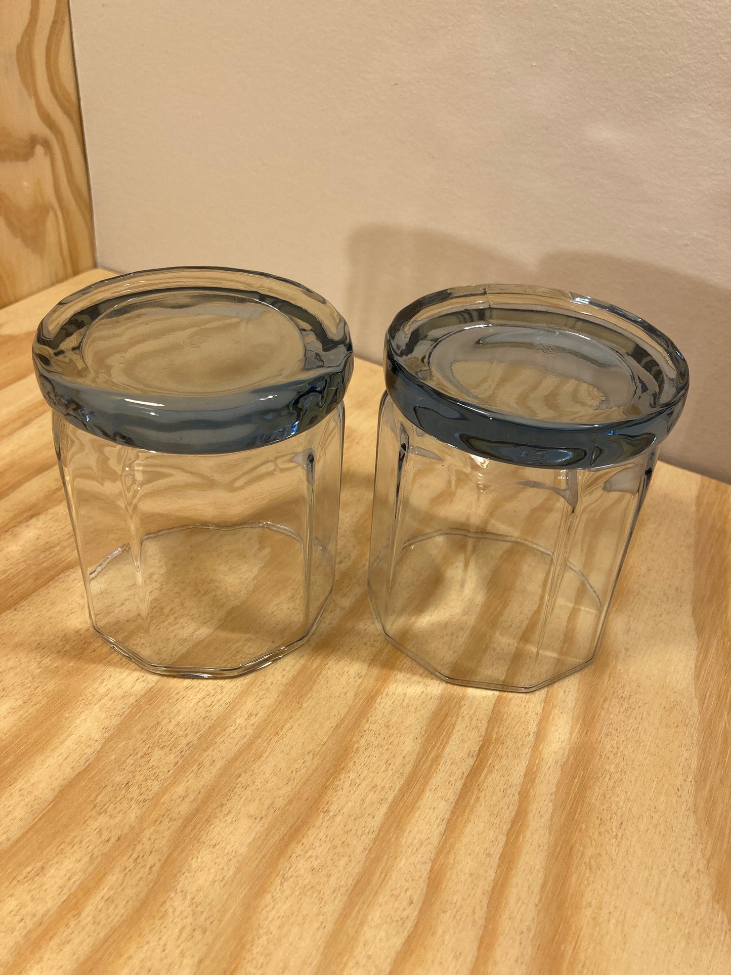 Set of 2 - Vintage Drinking Glasses - Icy Pastel Blue Glass Cups - 10 Panel Geometric Shape - Unique Gift Idea - Housewarming Gift - Barware