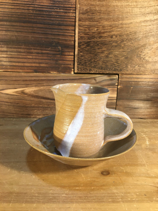 Vintage Home Decor - Flower Vase - Earthenware Pottery - Tan Pitcher & Bowl with Leaf Pattern - Rustic Home Decor - Gifts for Hippy Aunts