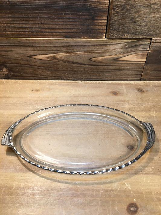 Vintage Home Decor - Oval Shaped Glass Dish with Silver Saw Tooth Edges - Serve ware - Centerpiece - Home Decor