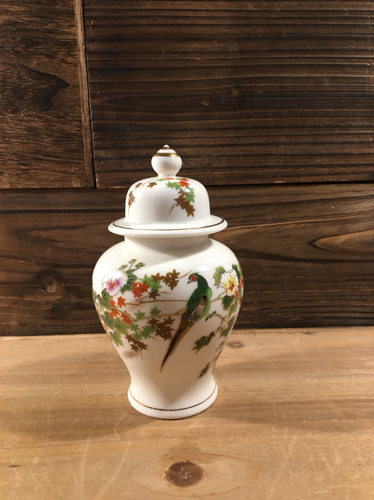 Vintage Home Decor - Ceramic Ginger Jar - Shaddy Mino Vase with Lid - Pheasant/Peacock & Flower Design - Made in Japan
