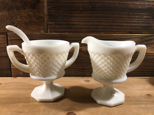 Set of 3 - Vintage Coffee Set - Kitchenware - Milk Glass Creamer & Sugar Bowl with Spoon - Saw Tooth Design - Westmoreland Glassware