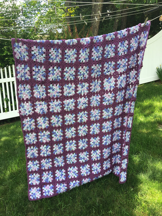 Vintage Crochet Blanket - Purple, Periwinkle, Lavender Yarn Granny Square Throw - Cozy Room Decor - Grandmacore - Valentines Day Gift