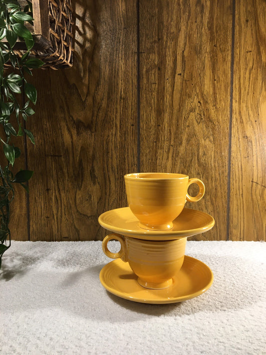 Set of 2 - Vintage Fiestaware Cups & Saucers - Original Yellow Fiestaware Cups with Circle Handle - HL Co. - Made in USA