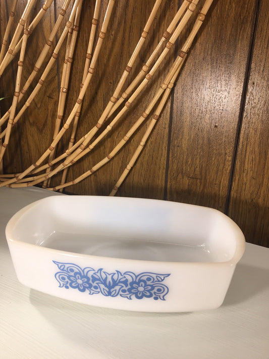 Vintage Kitchenware - Federal Milk Glass Dish - Heat Proof Loaf Pan with Cornflower Blue Floral Design - USA - Midcentury Modern Kitchen