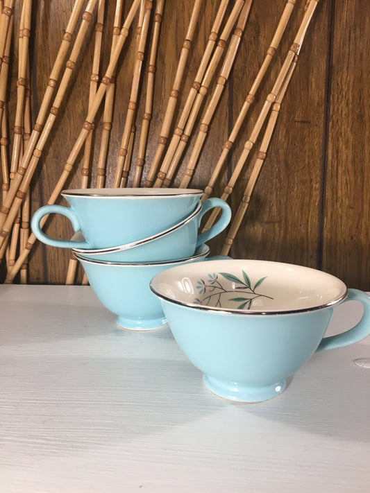 Set of 4 - Vintage Tea Cups - Mid Century Modern Kitchen - Petal Lane by Taylor Smith - Dainty Floral Robin’s Egg Blue