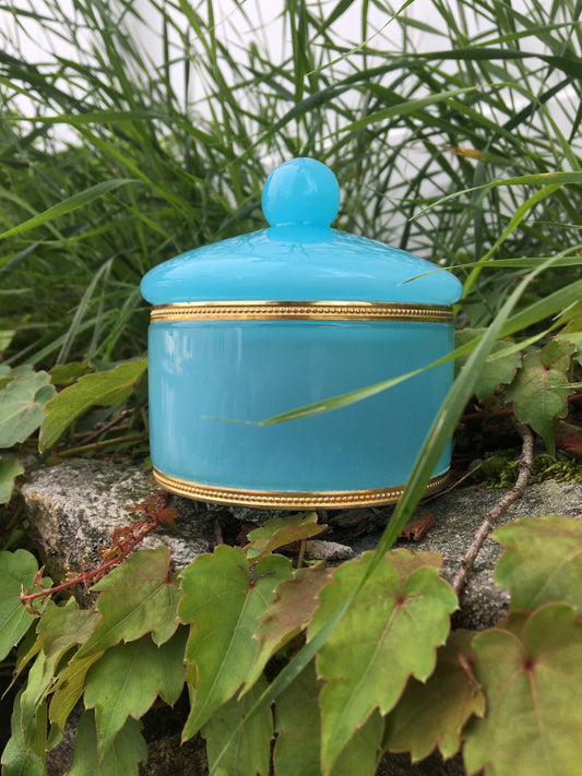 Rare Antique Turquoise Blue Opaline Glass Vanity Jar with Round Knob Lid - Translucent Blue Glass - Catch All - Vintage French Glass