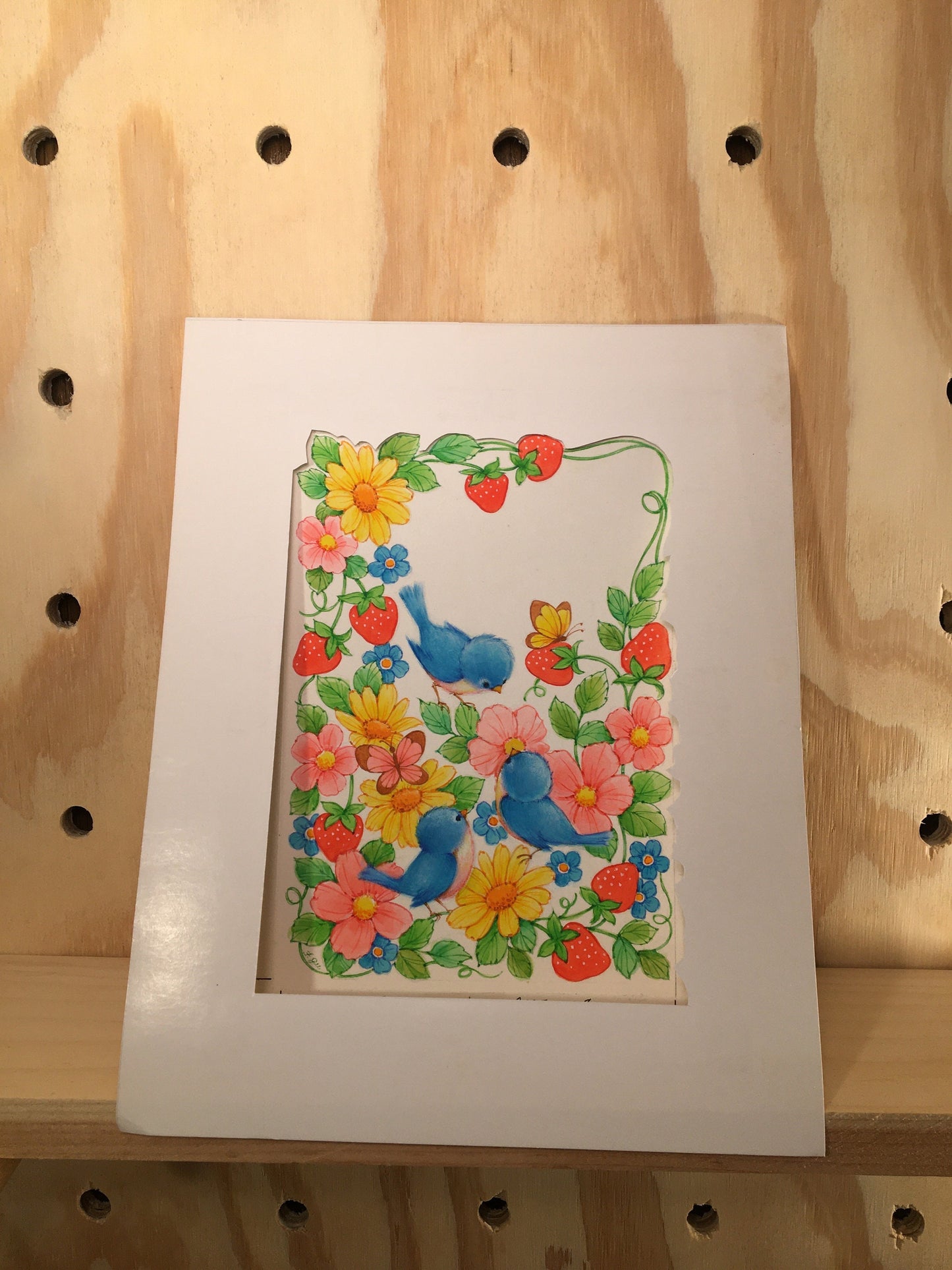 Vintage Artwork - Strawberry Patch Art with Bluebirds and Butterflies