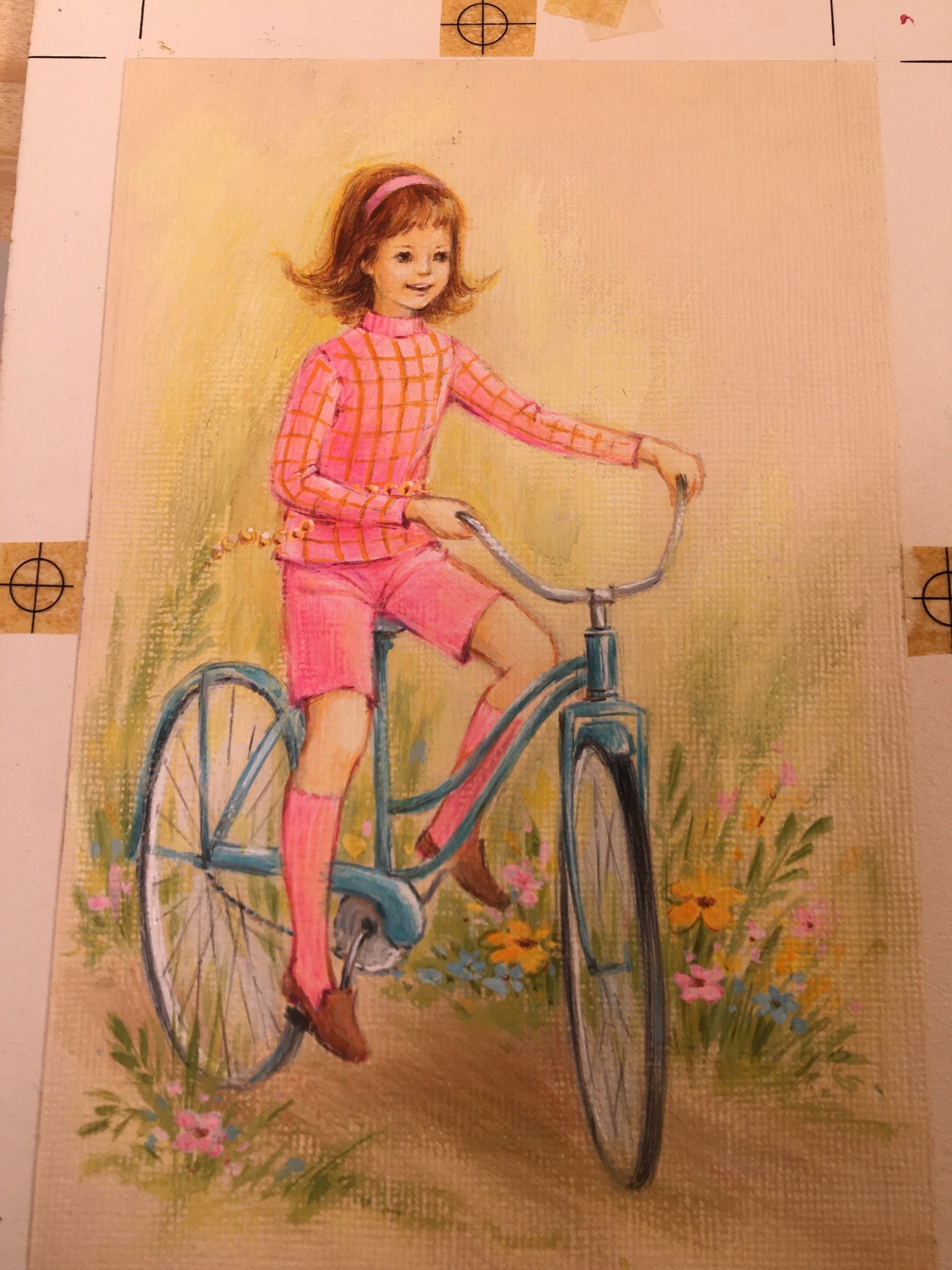Vintage Artwork - Groovy Girl on Bicycle - 1960's Kids Art
