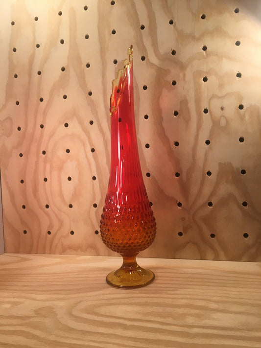 Vintage Swung Glass Vase - 1960's Amberina Flame Glass - Red, Orange, Yellow Ombré
