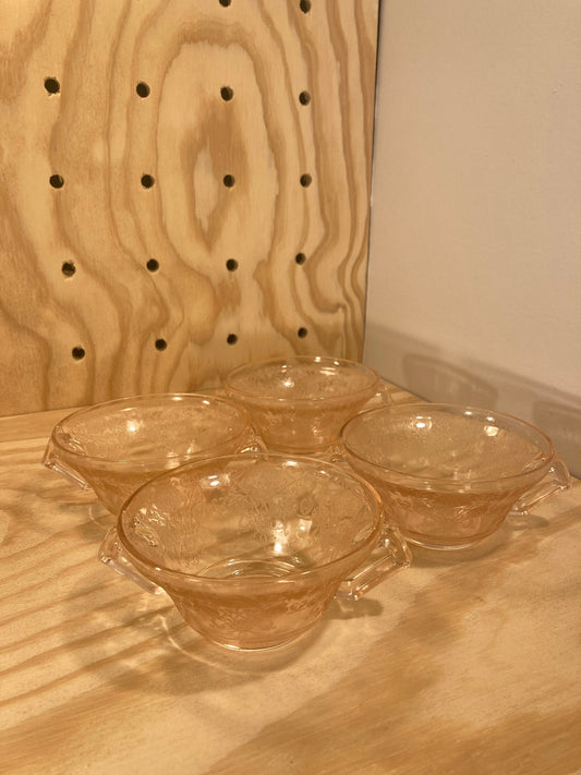 Set of 4 - Pink Depression Glass Double Handle Mugs - Soup Bowls - Colored Glassware - Hazel Atlas Florentine Pattern Bowls - Coquette Decor