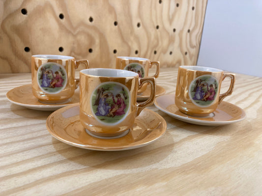 Set of 4 - Vintage Lustreware Espresso Cups and Saucers - Peach Lustreware made in Japan - Handpainted Demitasse Cups - Housewarming Gift