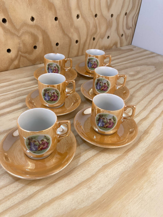 Set of 6 - Vintage Lustreware Espresso Cups and Saucers - Peach Lustreware made in Japan - Handpainted Demitasse Cups - Housewarming Gift