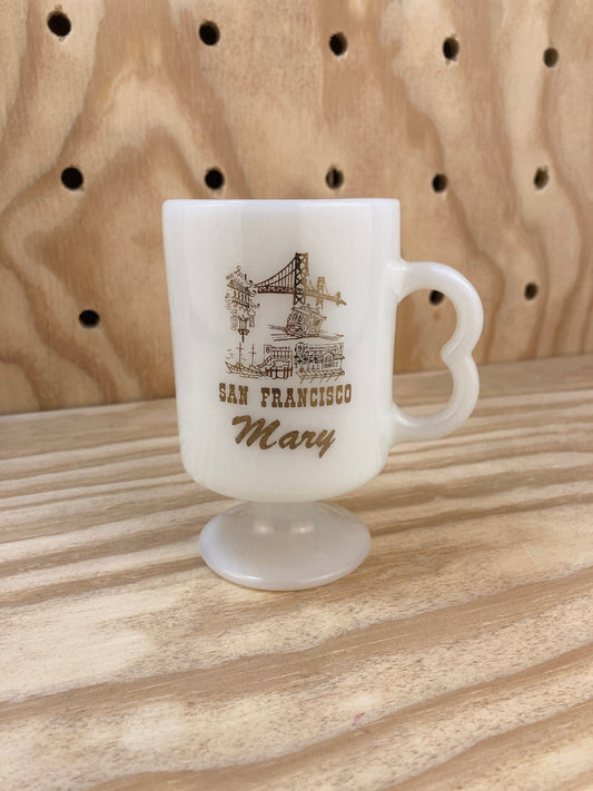 Vintage Milk Glass Mug - San Francisco Souvenir - Pedestal Cup - SF Trolley, Golden Gate Bridge, Wharf, China Town  - Retro Gift for Mary