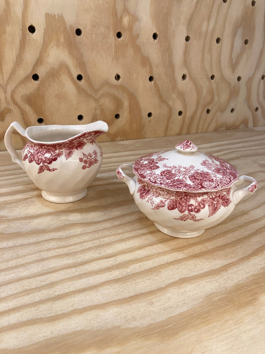 Vintage Strawberry Fair by Johnson Brothers - Creamer and Sugar Bowl with Lid - Made in England - Red Transferware - Cottagecore Home Decor