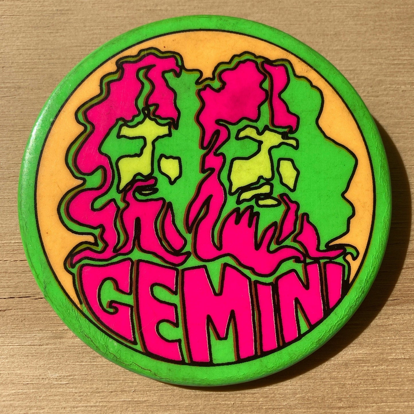 Vintage Pin Back Button - 1970’s Gemini Zodiac Pin - 3” Button