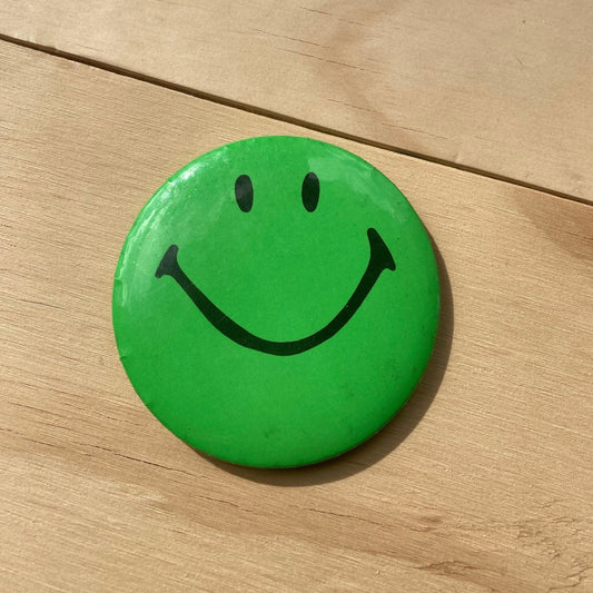 Vintage Pin Back Button  - 1970’s Smiley Face Pin - Neon Green 3.5” Button