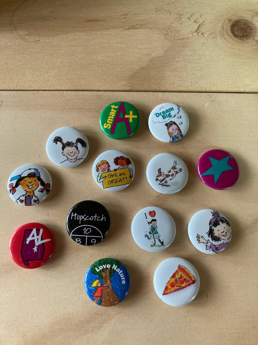 Vintage Grin Pins - American Girl Doll Pinback Buttons - Collectible Pins - 90’s Nostalgia - Girl Power - Set of 13 - Assorted 1” Buttons
