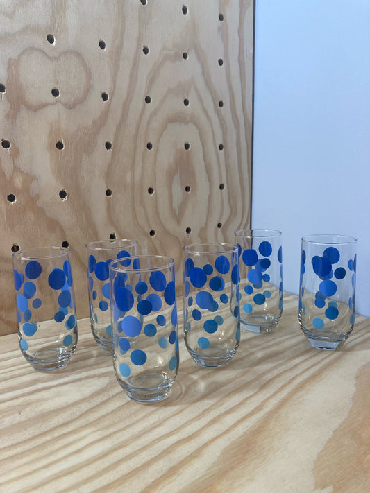 Vintage Barware - Set of 6 Blue Dot Circle-Ware Drinking Glasses - Mid Century Modern Tumblers/Iced Tea - 5.75" Tall