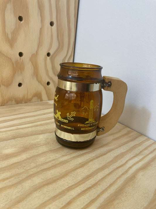 Vintage Souvenir Mug - Amber Glass with Wood Handle - Cape Cod, MA Memorabilia -  Travel Collectible - Retro Rustic Decor