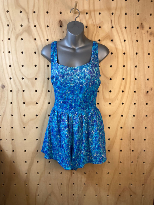 Vintage Swimsuit - Retro Blue Floral Daisy Print - One Piece Bathingsuit with Shorts - Scoop Back - Vintage 90’s Beach Native - Summer Style