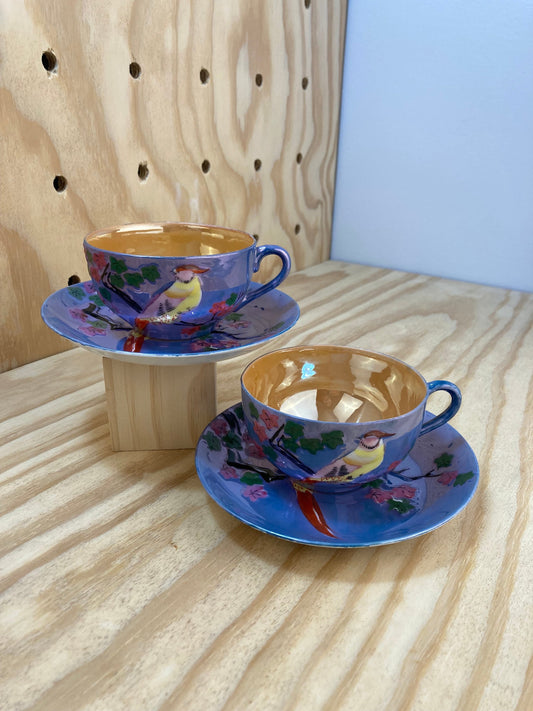 Set of 2 - Vintage Tea Cups and Saucers - Peach and Blue Lustreware - Made in Japan - Colorful Bird Design - 1940’s China - Vintage Elegance
