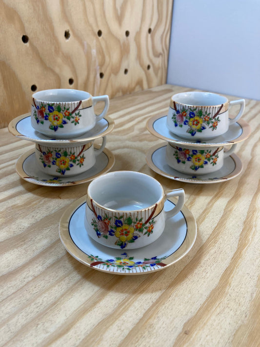 Set of 5 - Vintage Espresso Cups - Peach Lustreware Demitasse Cups with Saucers - Handpainted Floral - Made in Japan - Hotta Yu Shotten