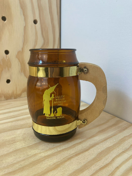 Vintage Souvenir Mug - Amber Glass with Wood Handle - Salem, MA Memorabilia -  Travel Collectible - Salem Witch Museum