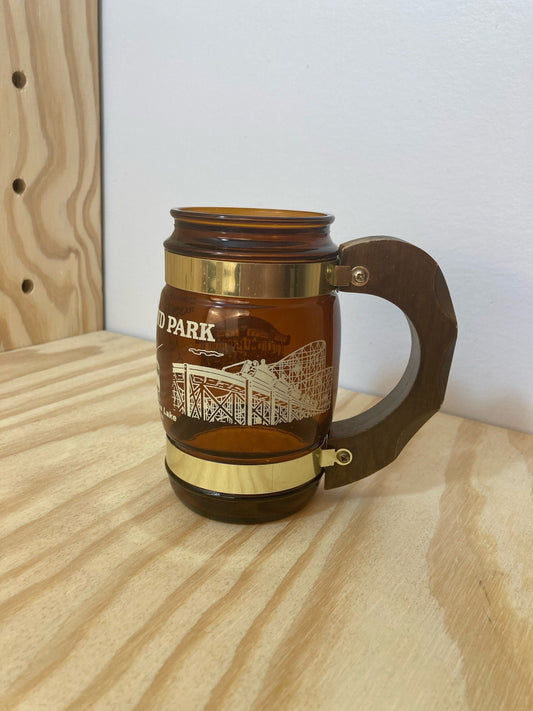 Vintage Souvenir Mug - Amber Glass with Wood Handle - Roseland Park Memorabilia - Finger Lakes New York - Siesta Ware Travel Collectible