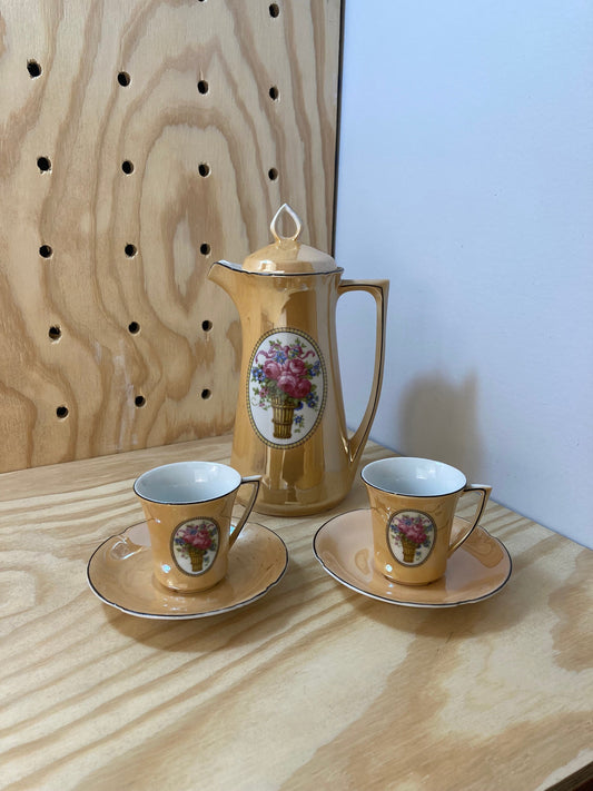 Vintage Tea Set - Tea for Two - Orange Lustreware Tea Pot with Cups and Saucers - Leuchtenburg - Made in Germany - Peony Floral Pattern
